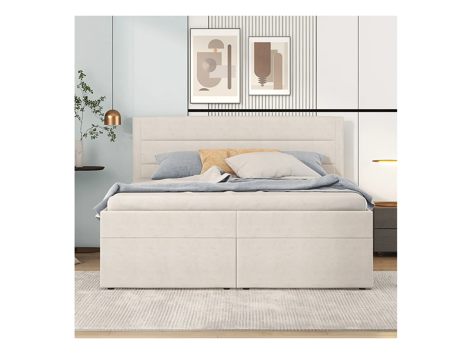 Lit Rembourré Double 200 X 140 cm Avec Sommier À Lattes En Métal - Grand Espace De Rangement - Ouvrant Des Deux Côtés - Beige
