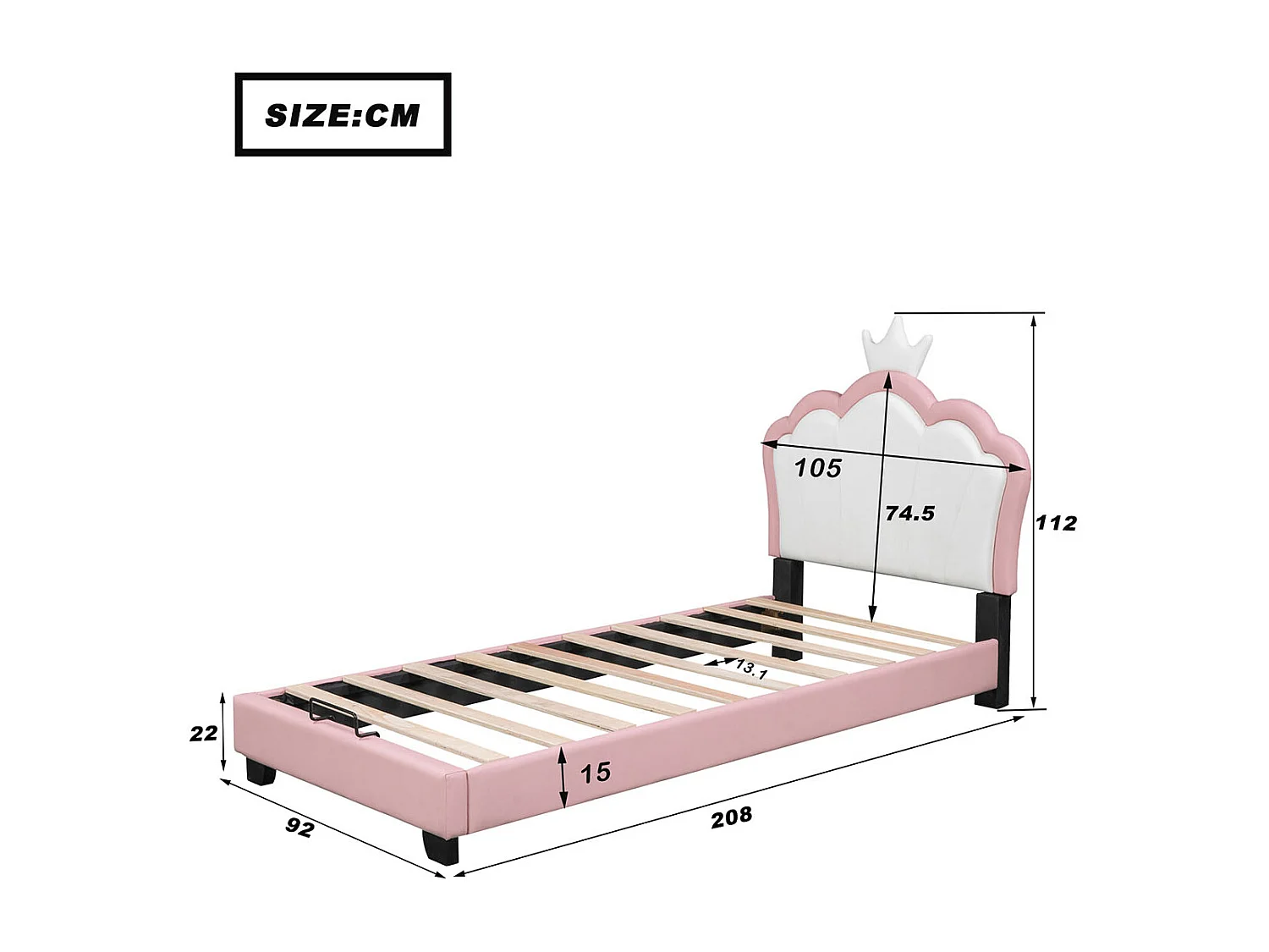 Lit d'enfant lit rembourré 90*200cm avec sommier à lattes et dossier, lit de fille avec forme de couronne, rose (matelas non inclus)