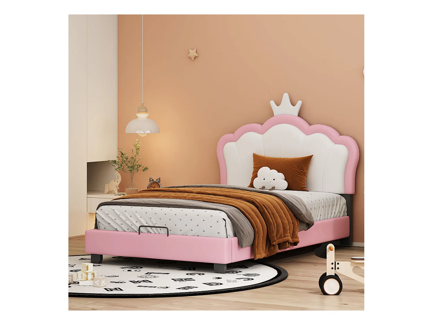 Lit d'enfant lit rembourré 90*200cm avec sommier à lattes et dossier, lit de fille avec forme de couronne, rose (matelas non inclus)