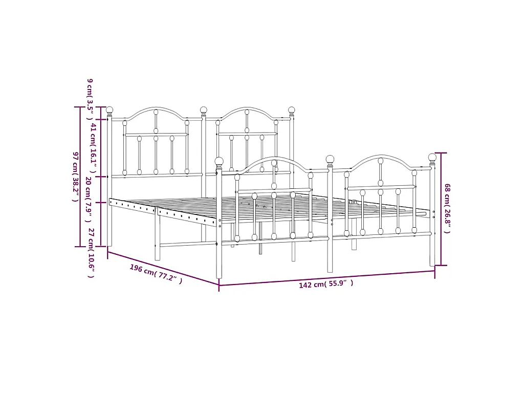 Cadre de lit métal sans matelas et pied de lit blanc 135x190 cm