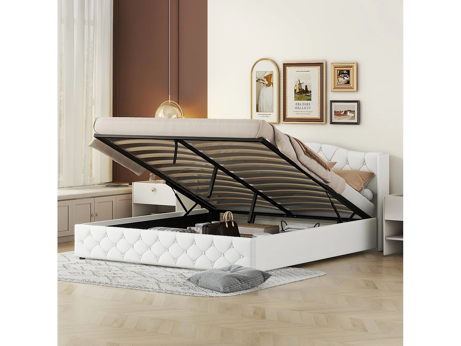 Cama acolchoada para adulto 180 x 533 cm, sem cabeceira, com faixa LED (monocromática), base com suspensão hidráulica, bege.