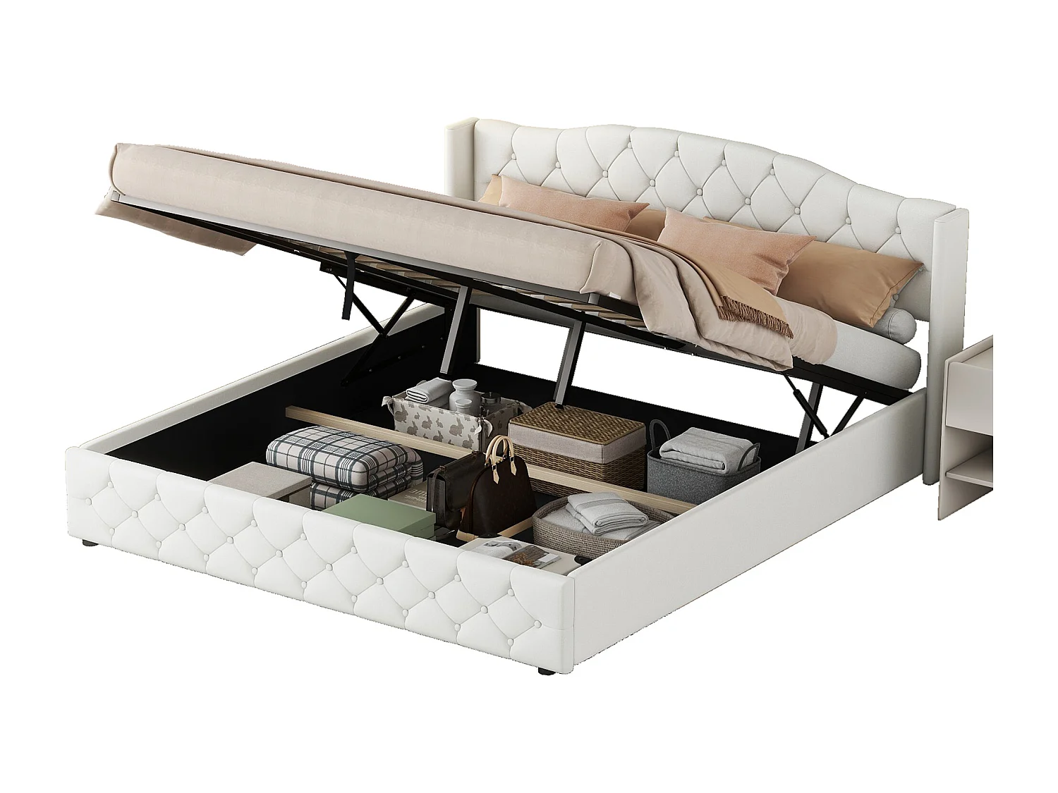 Cama acolchoada para adulto 180 x 533 cm, sem cabeceira, com faixa LED (monocromática), base com suspensão hidráulica, bege.