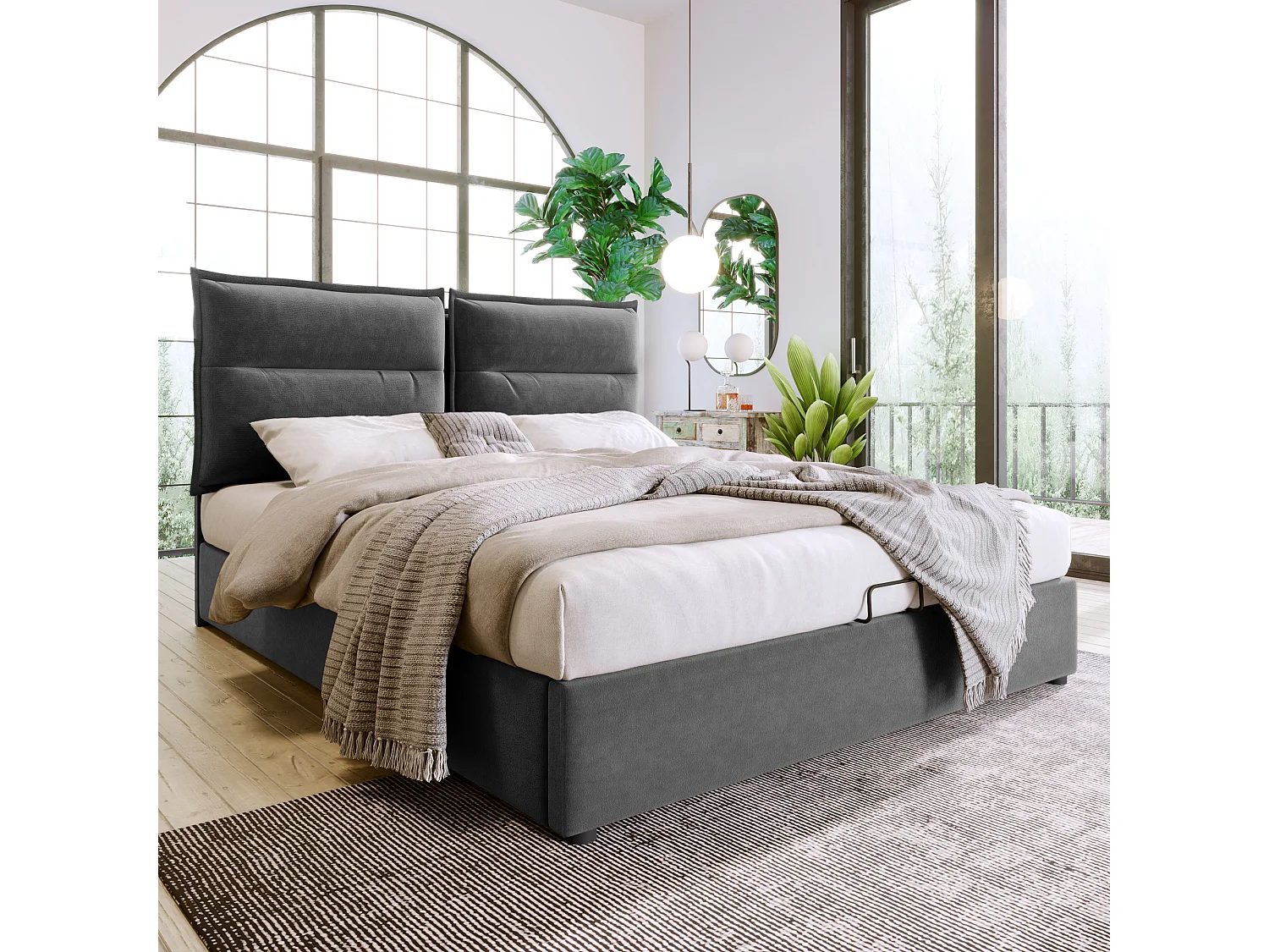 Lit Hydraulique Double - 140 X 200 cm - Structure Métallique - Velours - Espace De Rangement - Gris - Matelas Inclus