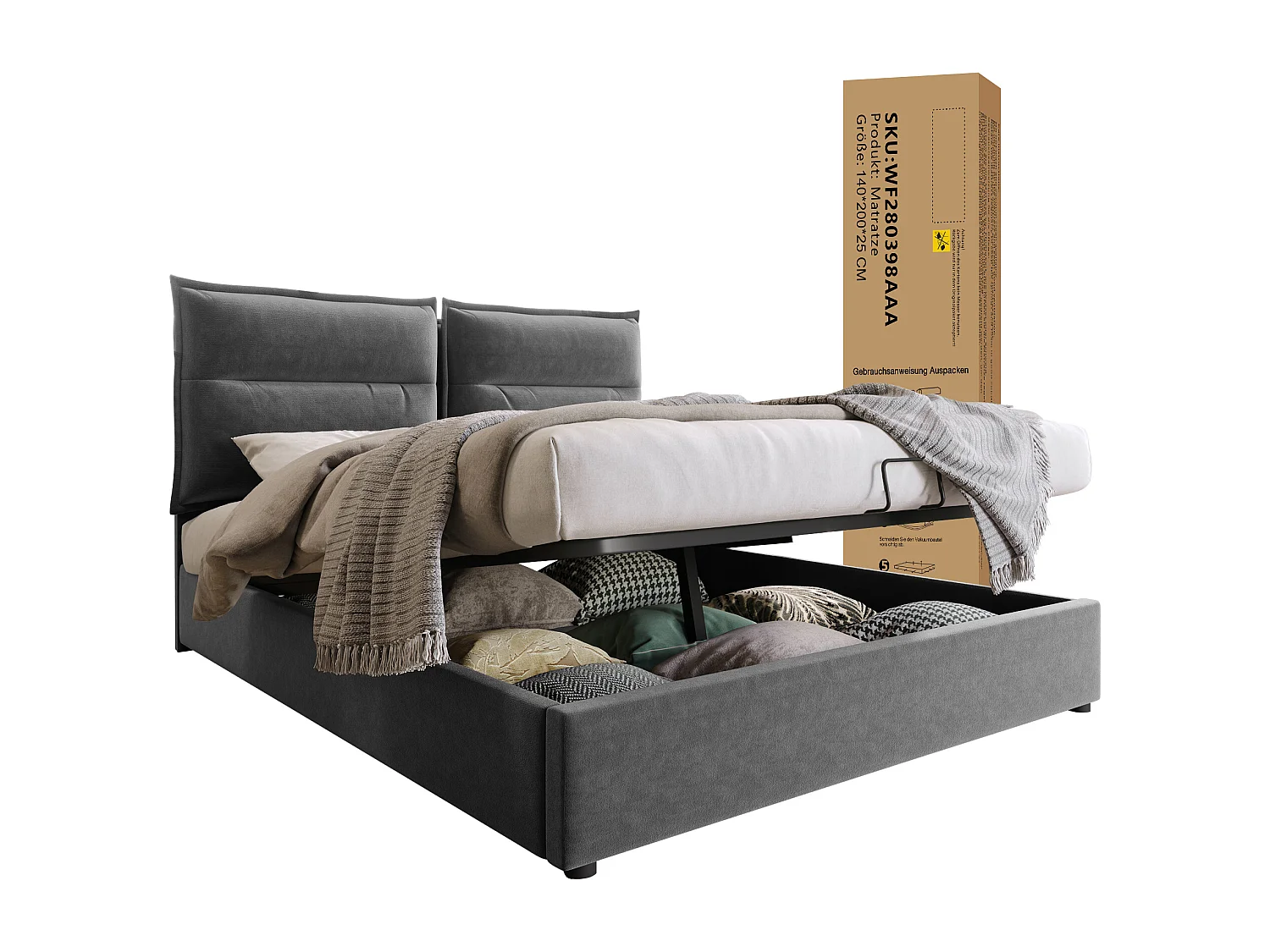 Lit Hydraulique Double - 140 X 200 cm - Structure Métallique - Velours - Espace De Rangement - Gris - Matelas Inclus