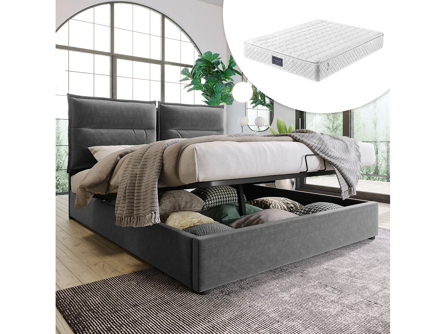 Cama acolchoada para adulto 180 x 947 cm, sem cabeceira, com faixa LED (monocromática), base com suspensão hidráulica, bege.
