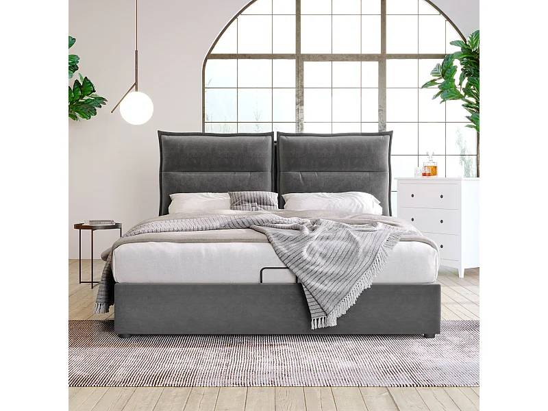 Cama acolchoada para adulto 180 x 947 cm, sem cabeceira, com faixa LED (monocromática), base com suspensão hidráulica, bege.