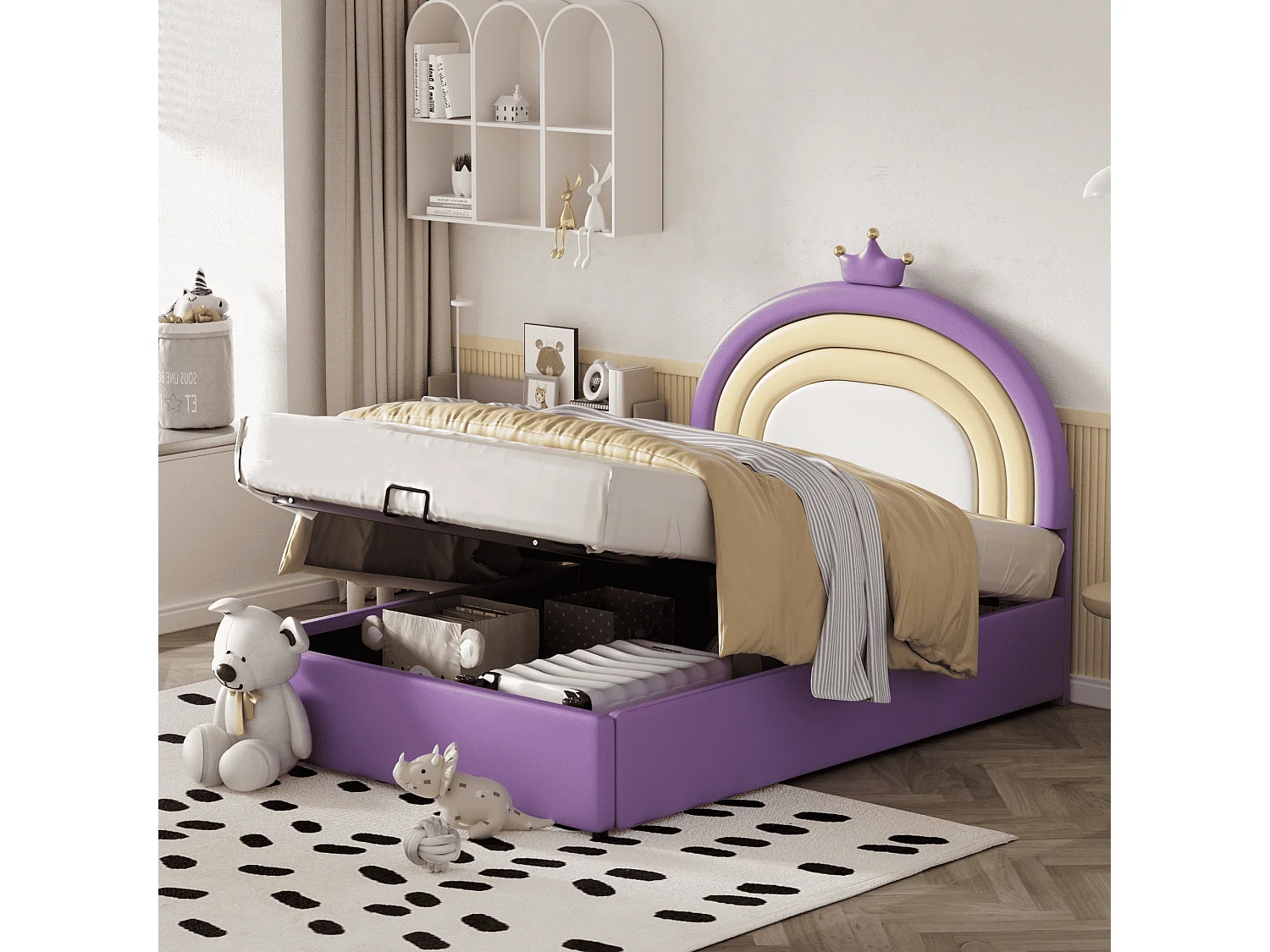 Lit rembourré adolescent Violet clair 140 * 200 avec cadre à lattes et tête de lit, support de lattes en bois, tête de lit réglable en hauteur