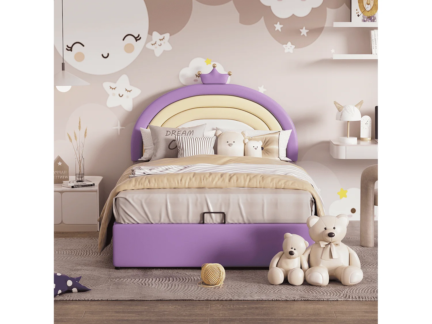 Lit rembourré adolescent Violet clair 140 * 200 avec cadre à lattes et tête de lit, support de lattes en bois, tête de lit réglable en hauteur