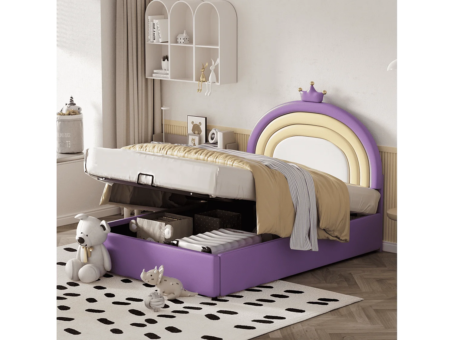 Lit rembourré adolescent Violet clair 140 * 200 avec cadre à lattes et tête de lit, support de lattes en bois, tête de lit réglable en hauteur