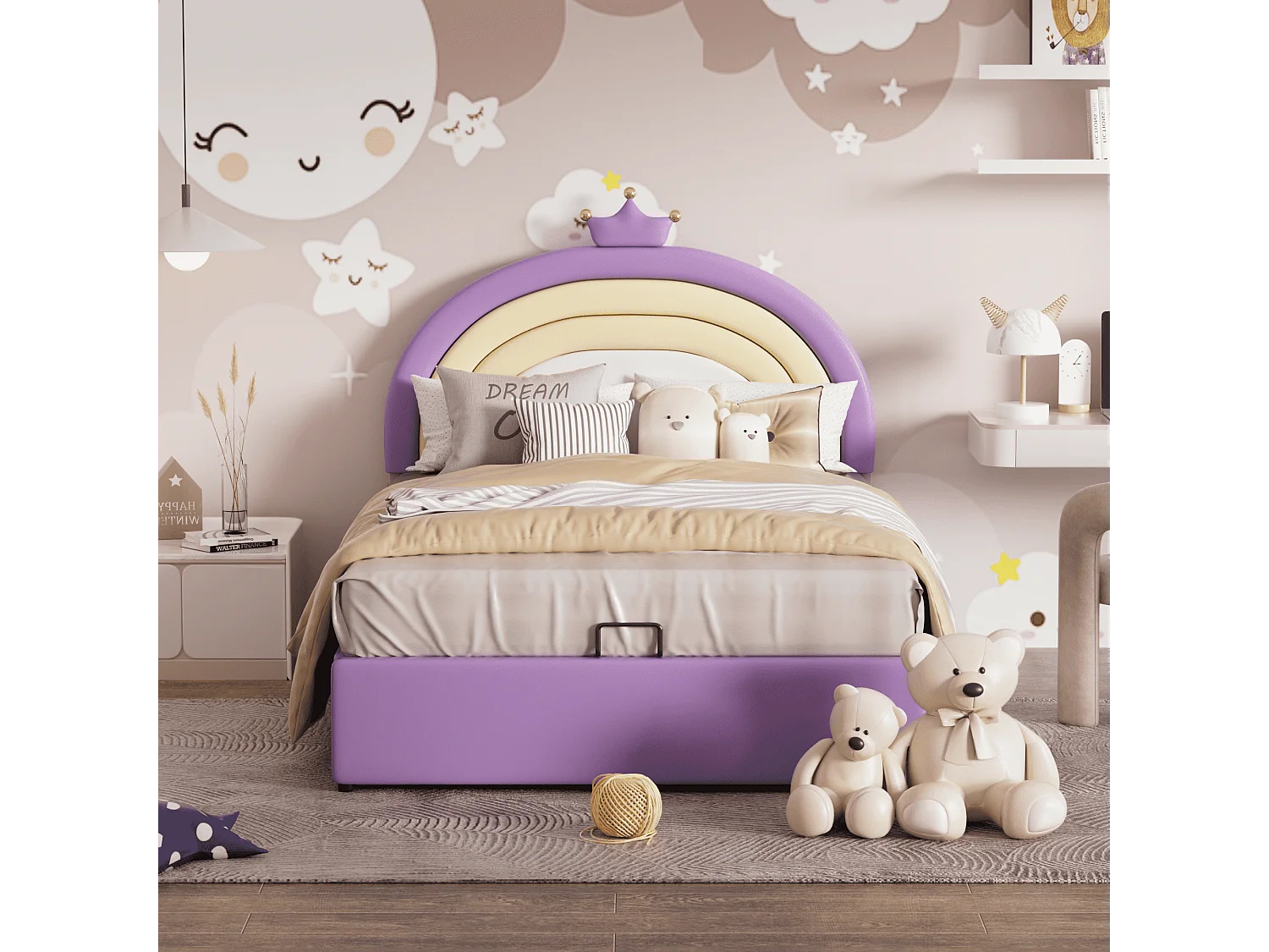 Lit rembourré adolescent Violet clair 140 * 200 avec cadre à lattes et tête de lit, support de lattes en bois, tête de lit réglable en hauteur