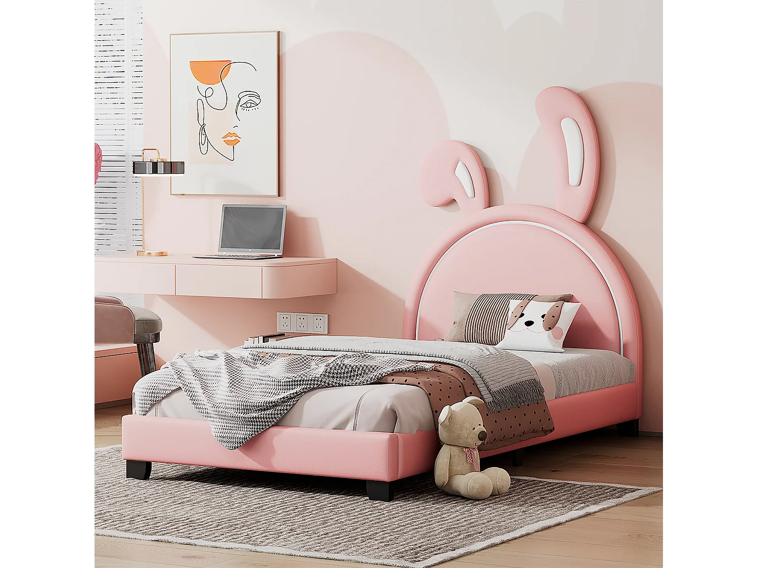 Lit rembourré 90x200cm, lit d'enfant avec sommier à lattes et dossier, lit de fille en forme d'oreille de lapin avec pieds surélevés, rose (matelas non inclus)