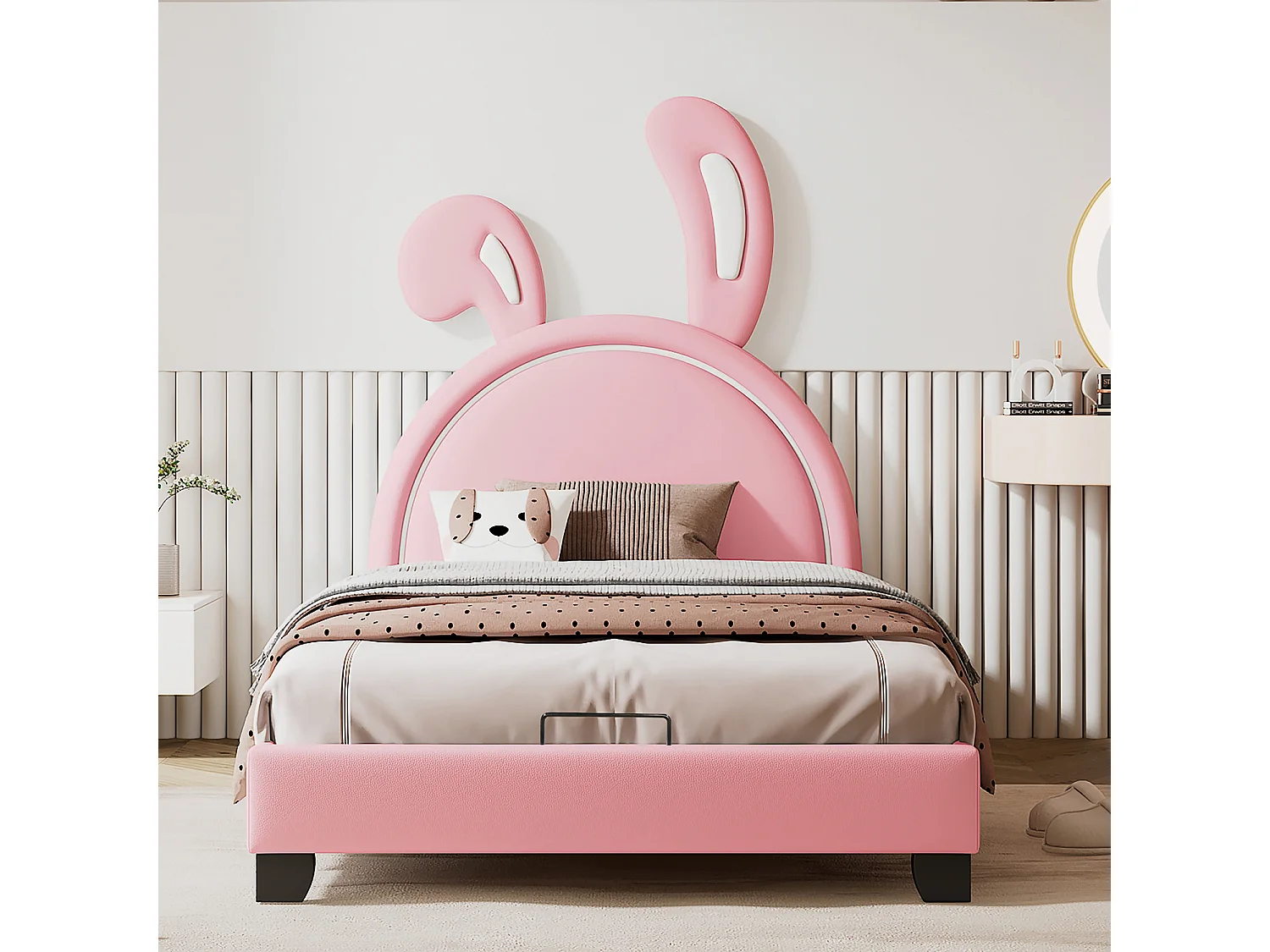 Lit rembourré 90x200cm, lit d'enfant avec sommier à lattes et dossier, lit de fille en forme d'oreille de lapin avec pieds surélevés, rose (matelas non inclus)