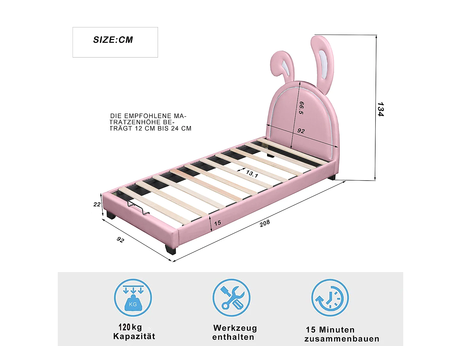 Lit rembourré 90x200cm, lit d'enfant avec sommier à lattes et dossier, lit de fille en forme d'oreille de lapin avec pieds surélevés, rose (matelas non inclus)