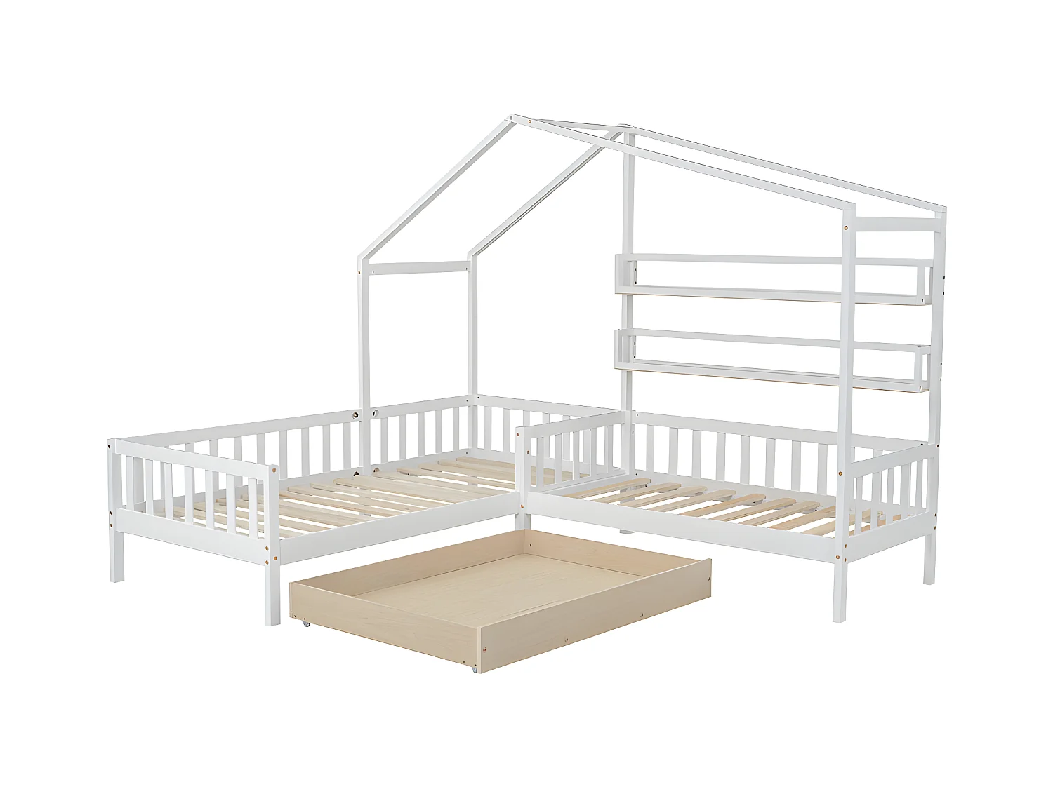 Lit d'enfant Lit de maison avec tiroirs et étagères, en bois massif avec clôture et sommier à lattes, structure en L, blanc (90x200 cm+140x70cm)