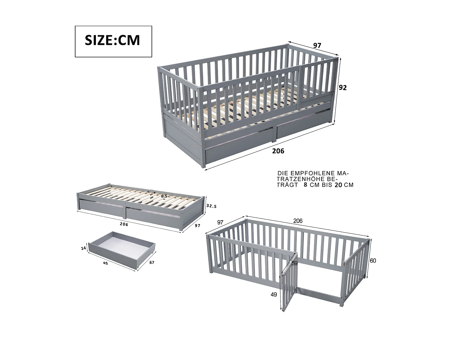 Lit Enfant En Bois 90 X 200 cm Avec 2Troirs et Barrière  - Transformable En Deux Lits Séparés - Gris