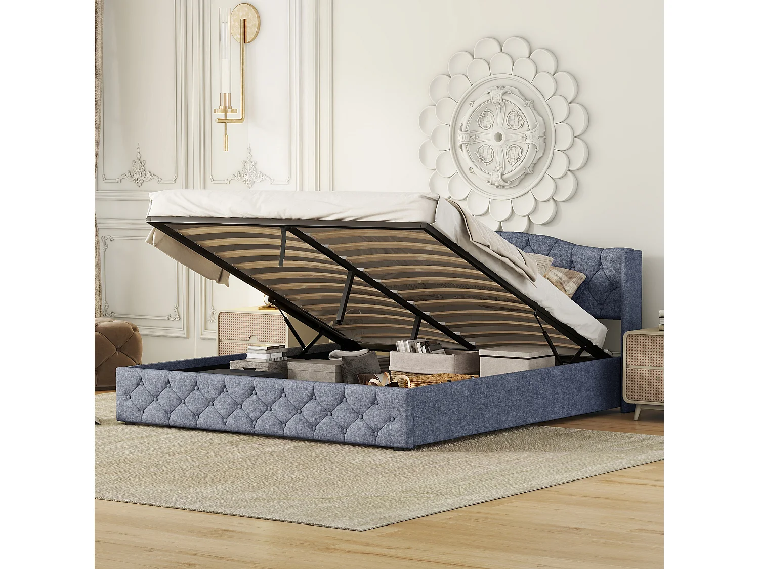 Lit Plat Multifonctionnel 180 X 200 cm Avec Rangement Hydraulique - Blanc