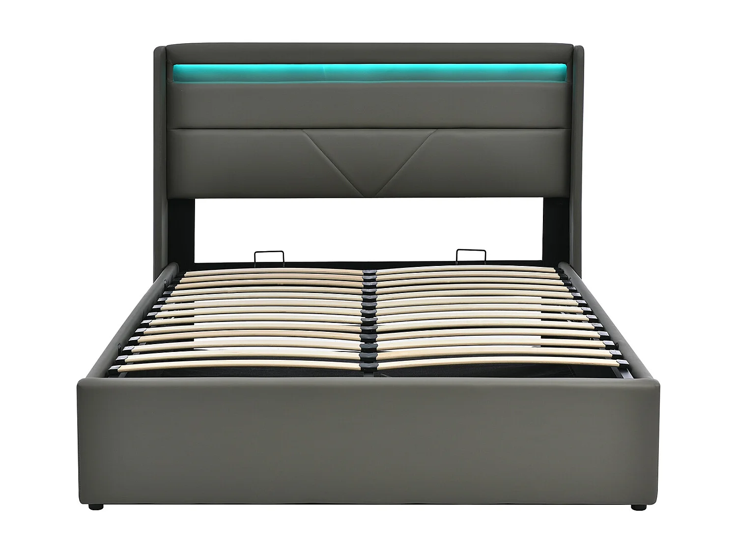 Lit coffre avec barre d'éclairage LED, Lit double Cadre de lit Lit rembourré 160x200cm, Lit fonctionnel, Gris (Avec télécommande)