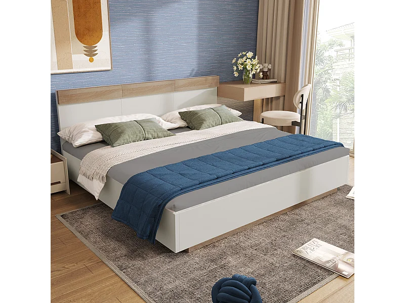 Lit Double Flottant En Bois - 205 X 144 X 90,5 cm - Cadre De Lit et Sommier À Lattes - Chêne / Blanc