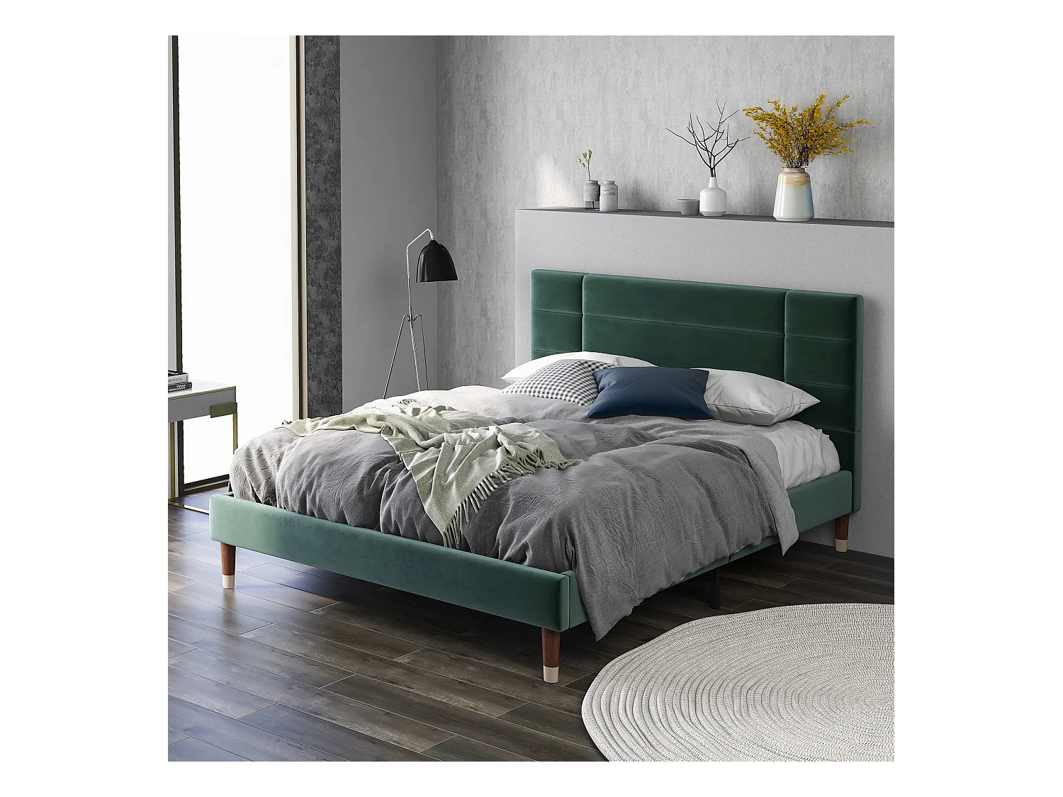 Lit Capitonné Double - 140 X 200 cm - Avec Sommier À Lattes - Tête De Lit - Velours - Vert