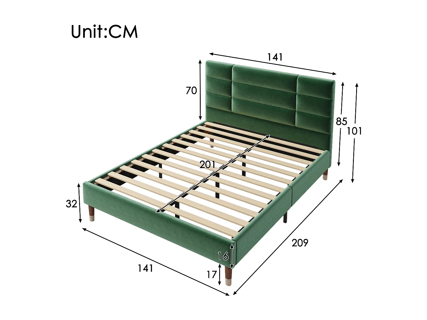 Lit Capitonné Double - 140 X 200 cm - Avec Sommier À Lattes - Tête De Lit - Velours - Vert