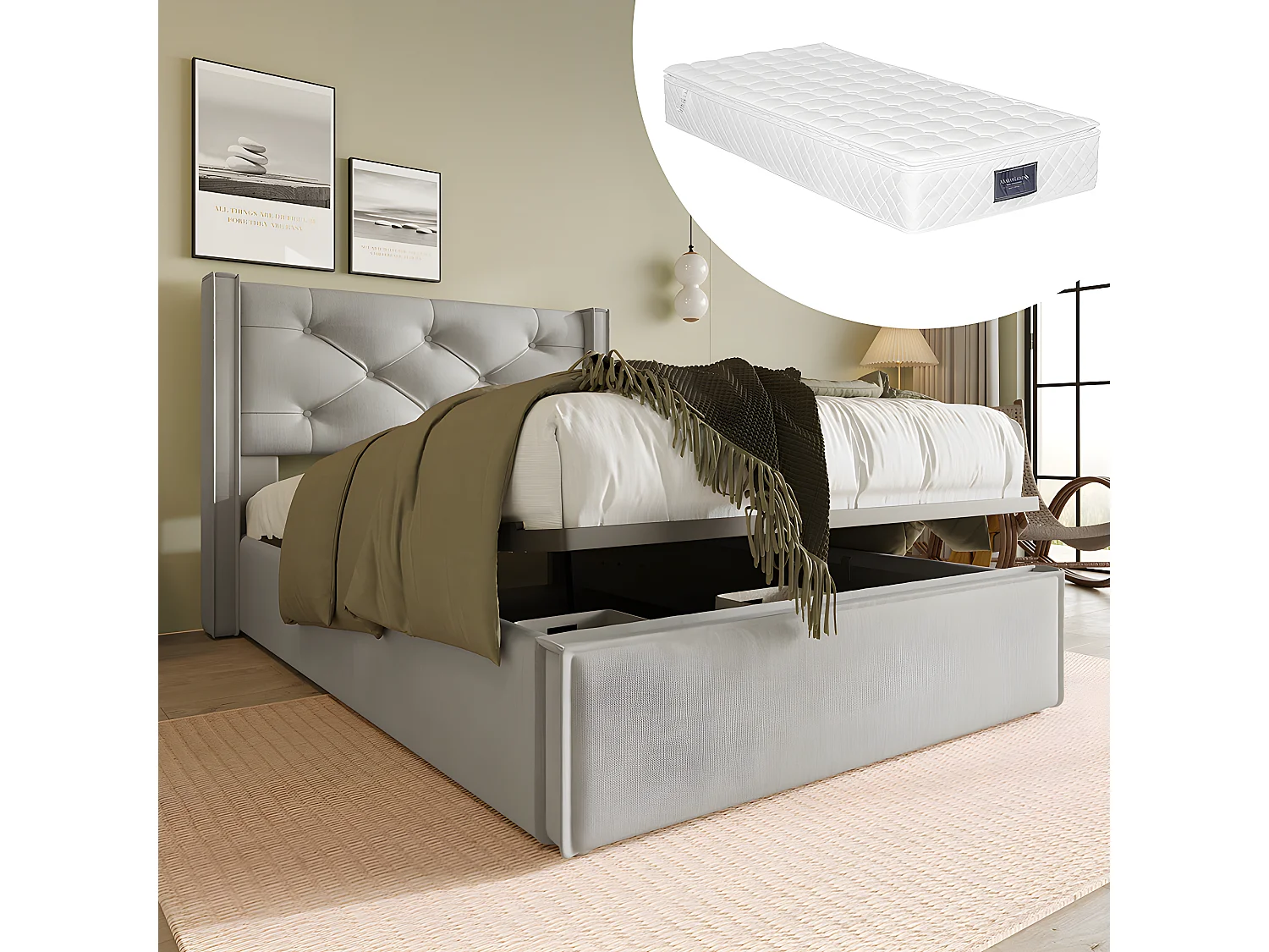 Lit simple Lit rembourré 90x200cm,Lit avec sommier à lattes métalliques, Cadre de lit moderne avec espace de rangement, Coton, Gris clair(Avec matelas)