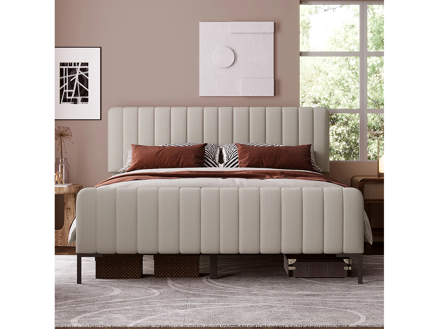 Lit Double Rembourré - 140 X 200 cm - Avec Sommier À Lattes Et Tête Réglable - Gris Et Beige - Matelas Inclus