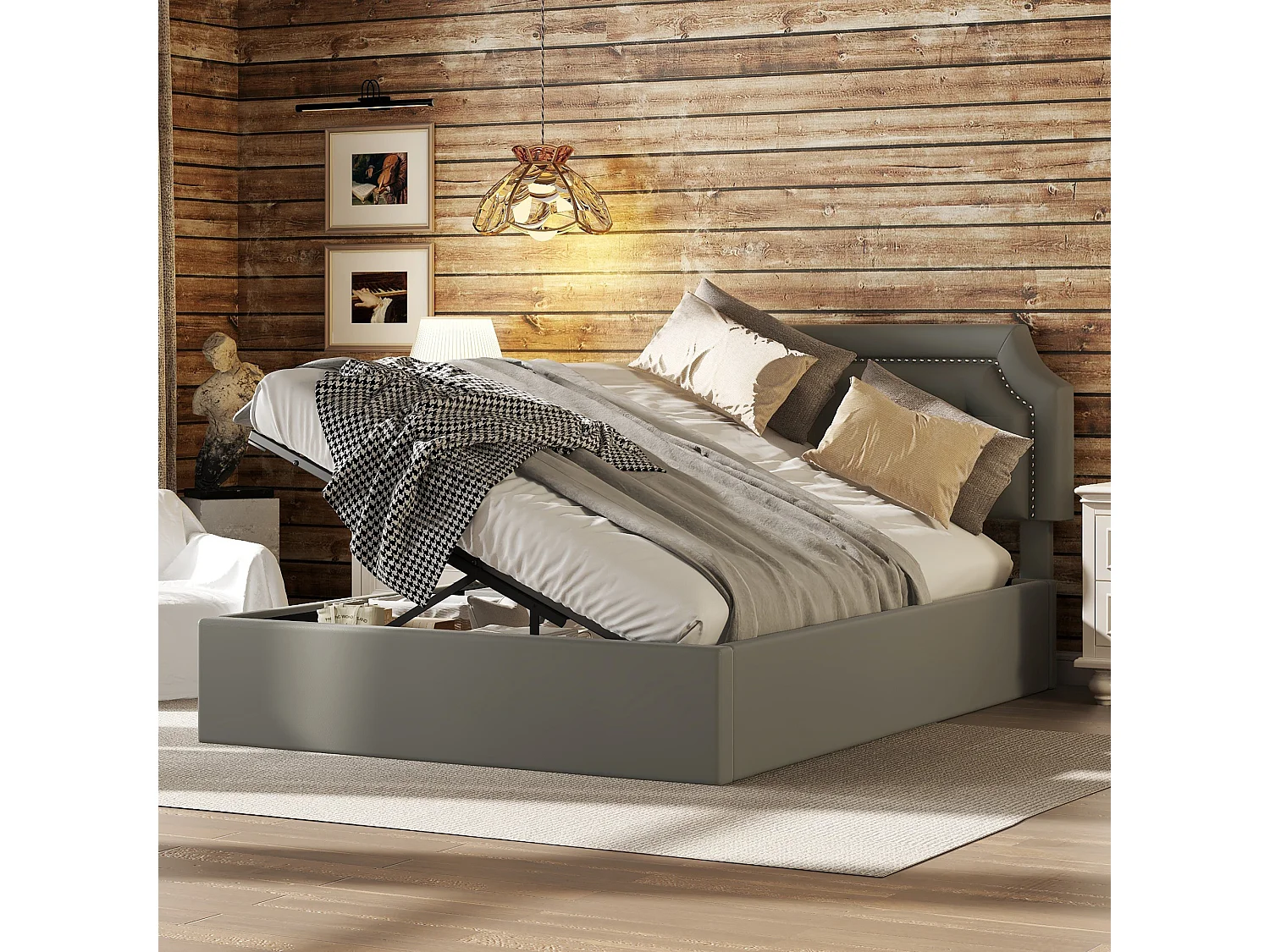 Lit plat rembourré gris 140 * 200cm, Design minimaliste, intérieur élégant