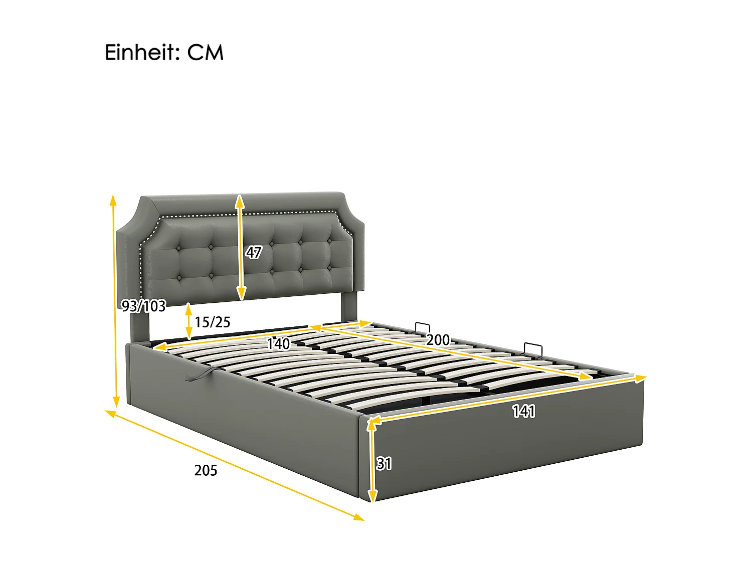 Lit plat rembourré gris 140 * 200cm, Design minimaliste, intérieur élégant