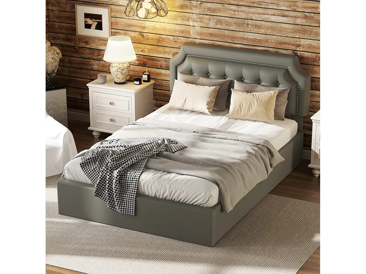 Lit plat rembourré gris 140 * 200cm, Design minimaliste, intérieur élégant