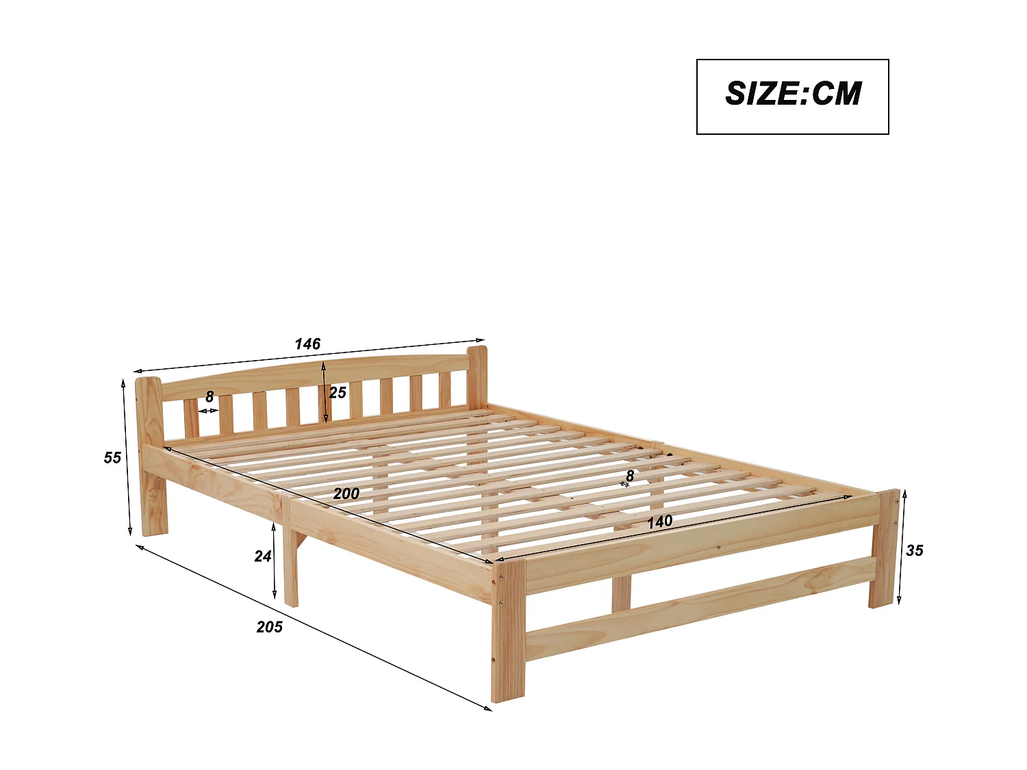 Lit En Bois Massif Et Futon - 140 X 200 cm - Avec Tête De Lit Et Sommier À Lattes - Naturel