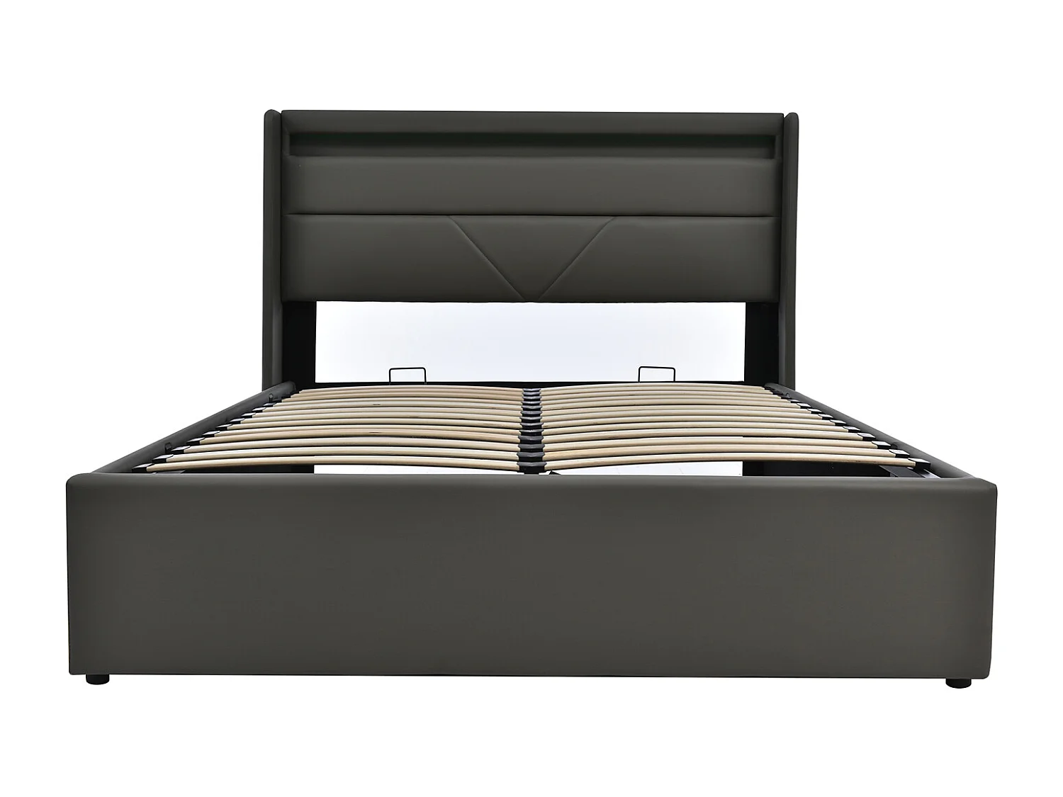 Cama acolchoada para adulto 180 x 286 cm, sem cabeceira, com faixa LED (monocromática), base com suspensão hidráulica, bege.