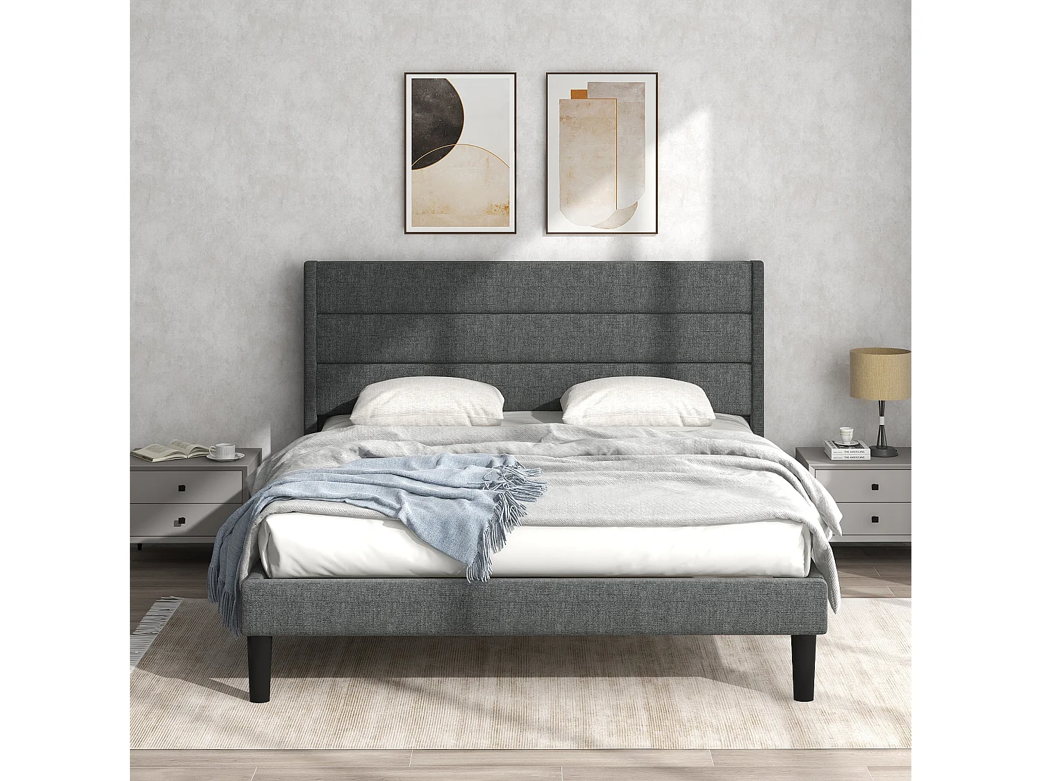 Lit Double Rembourré140 X 200 cm - Cadre De Lit Avec Sommier À Lattes et Tête De Lit - Gris Foncé - Sans Matelas