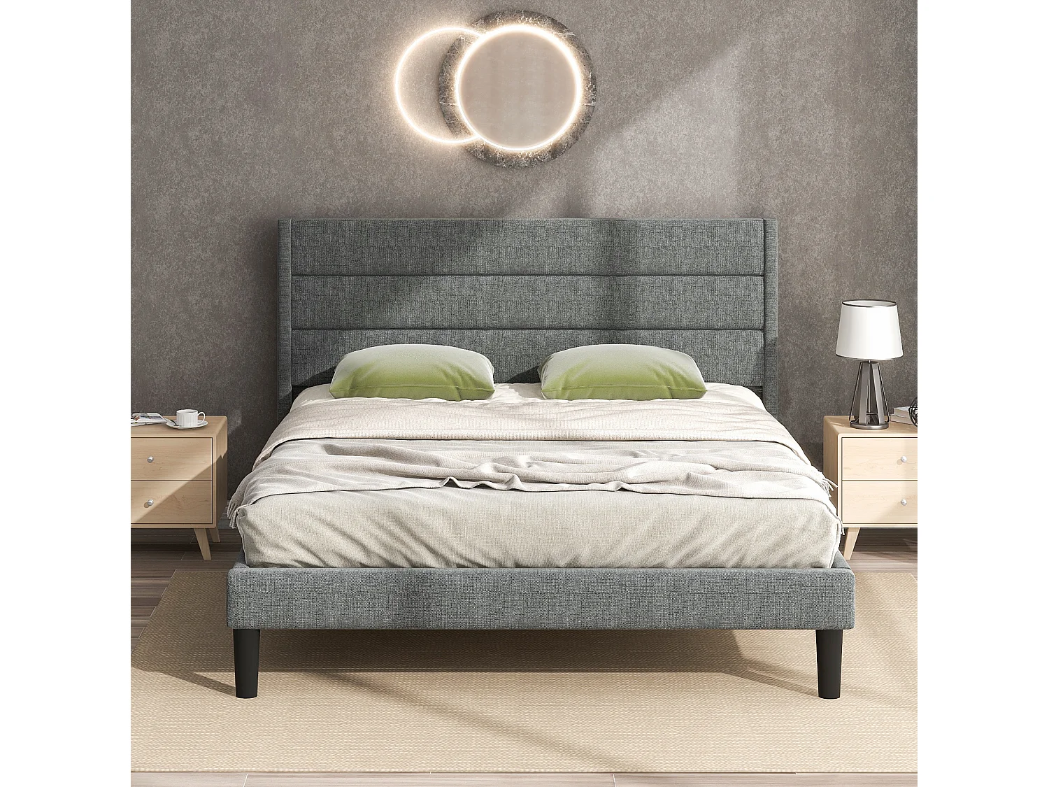 Lit Double Rembourré140 X 200 cm - Cadre De Lit Avec Sommier À Lattes et Tête De Lit - Gris Foncé - Sans Matelas