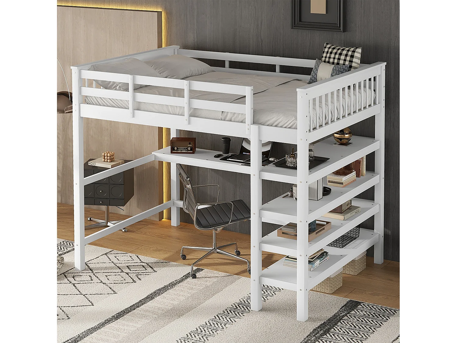 Lit Enfant Mezzanine 140 X 200 cm Avec Rangements - Cadre De Lit Et Bureau Sous Lit - Blanc