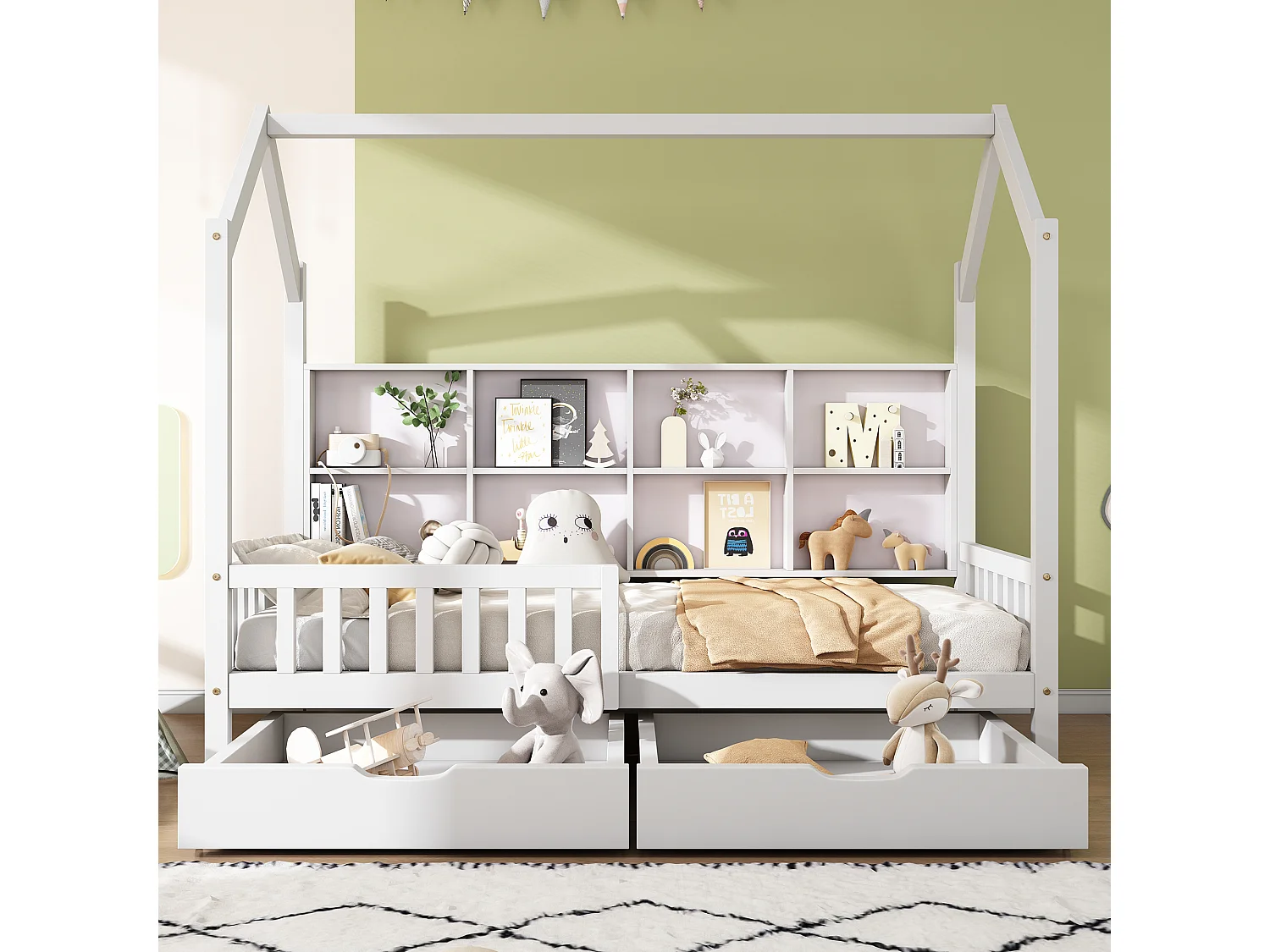 Cama infantil 90x200, com prateleira multifuncional, armário com grelha de arrumação, prateleira de arrumação e duas gavetas grandes, branca.