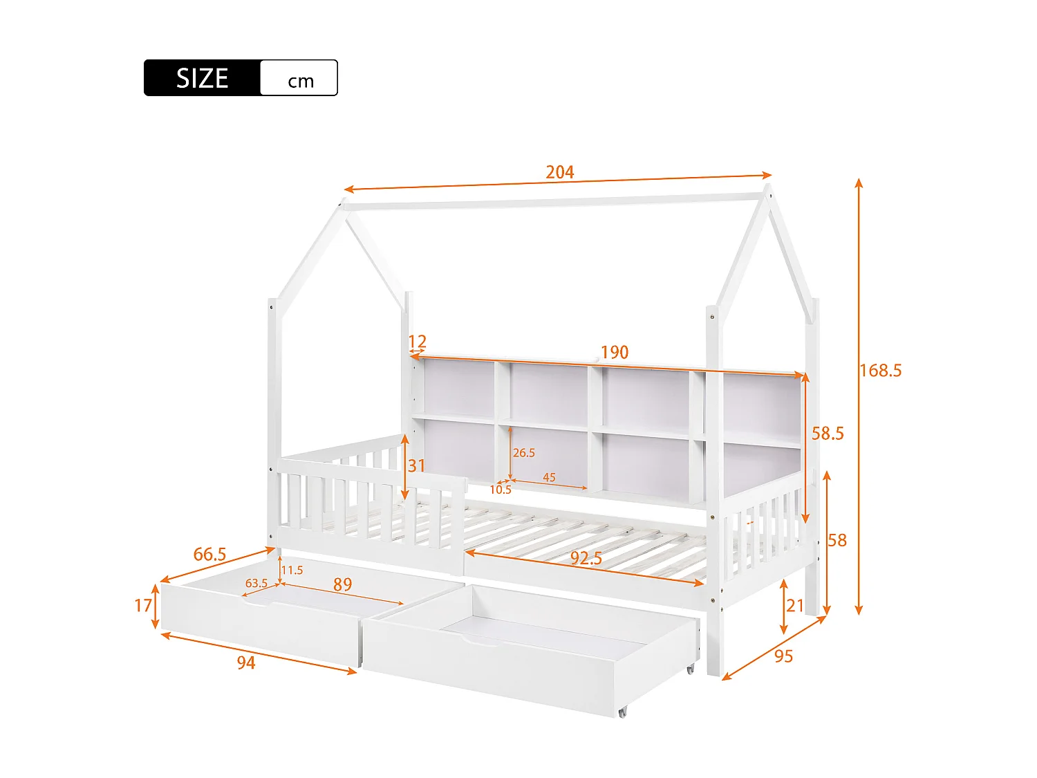 Cama infantil 90x200, com prateleira multifuncional, armário com grelha de arrumação, prateleira de arrumação e duas gavetas grandes, branca.