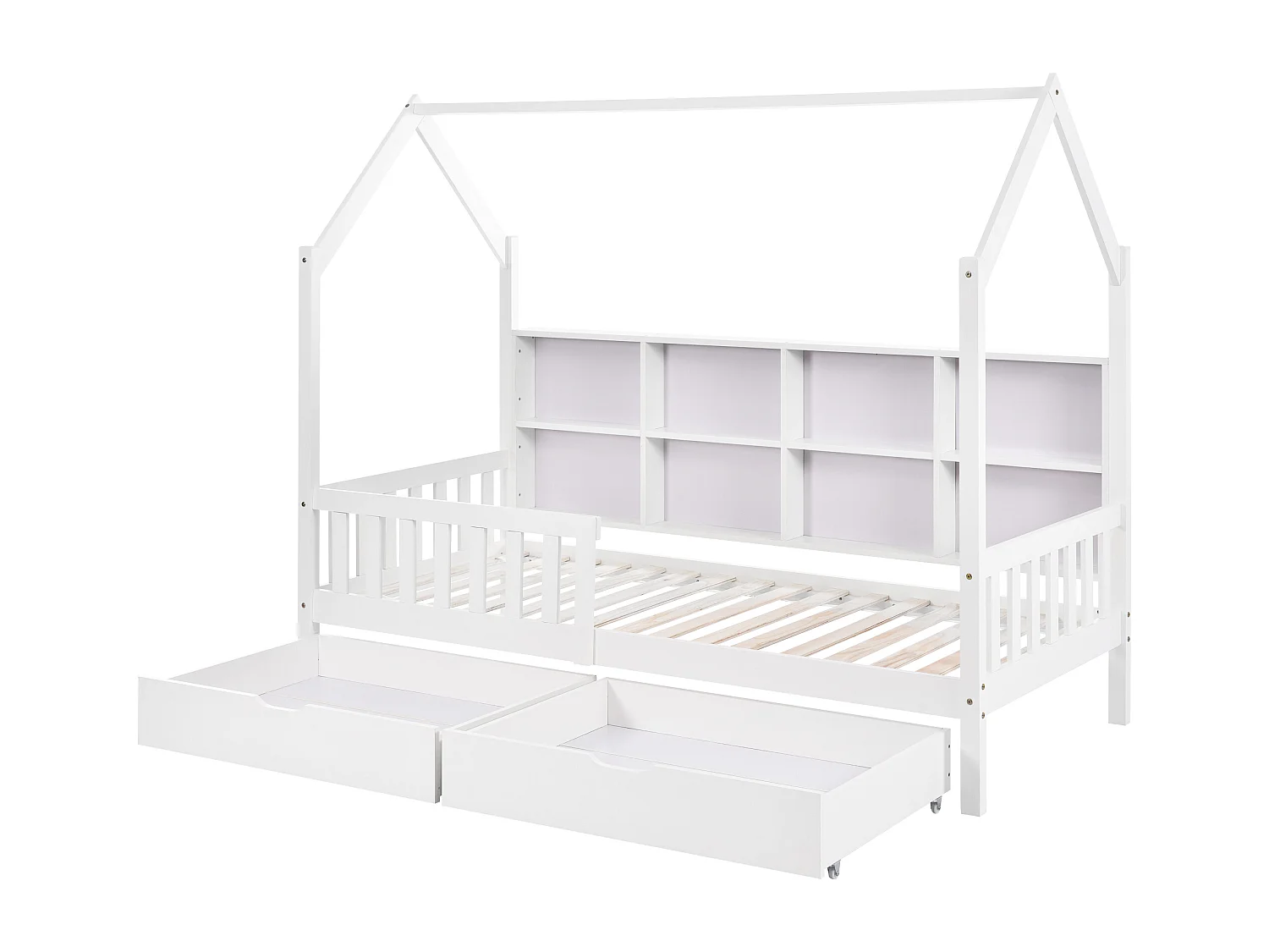 Cama infantil 90x200, com prateleira multifuncional, armário com grelha de arrumação, prateleira de arrumação e duas gavetas grandes, branca.