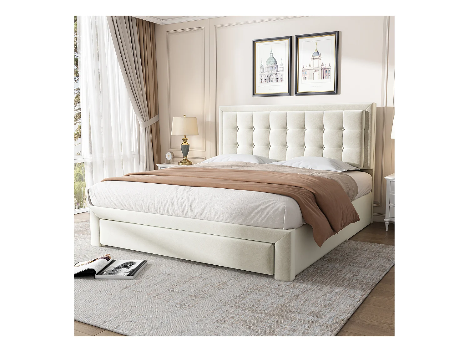 Lit Double Tapissé Hydraulique 140*200 cm Avec 2 Tiroirs - Sommier À Lattes En Bois et Tête De Lit - Coffre - Velours - Beige