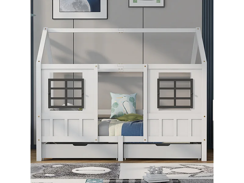 Lit Cabane Simple Enfant Avec 2 Tiroirs - 2 Fenêtres et Sommier À Lattes En Pin - MDF - 200 X 90 cm - Blanc