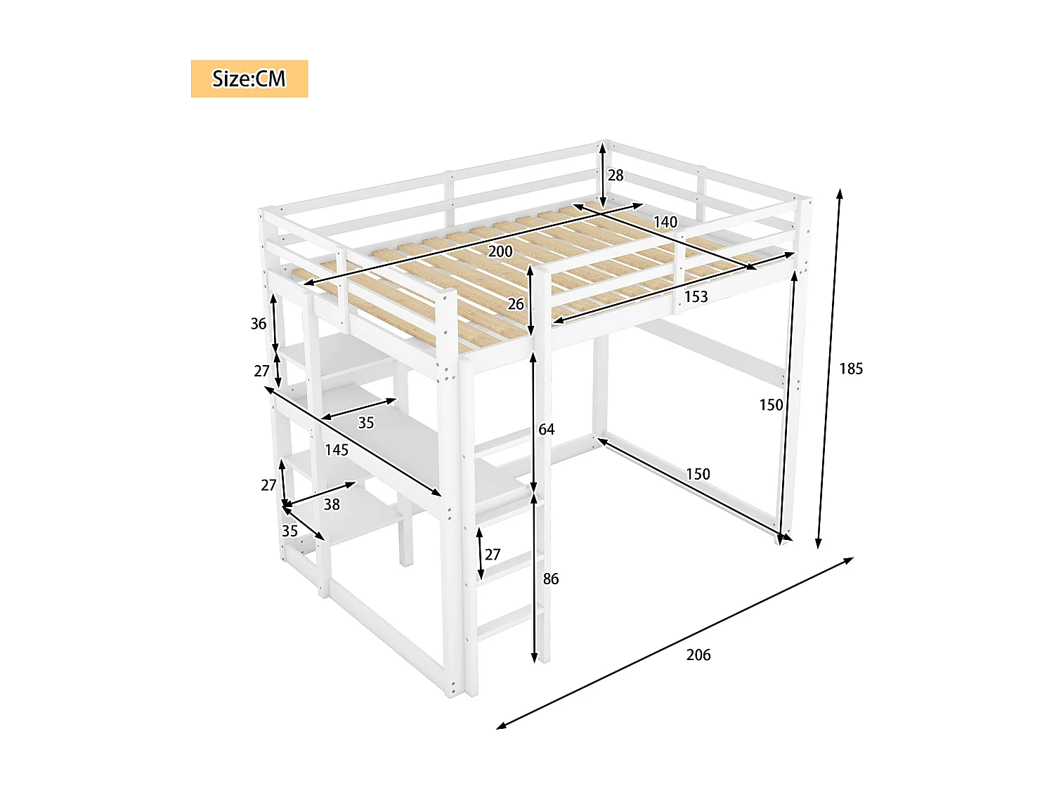 Lit Enfant 140 X 200 cm Cadre De Lit Mezzanine Avec Espace De Rangement - 4 Compartiments Et 1 Plateau De Bureau - Blanc
