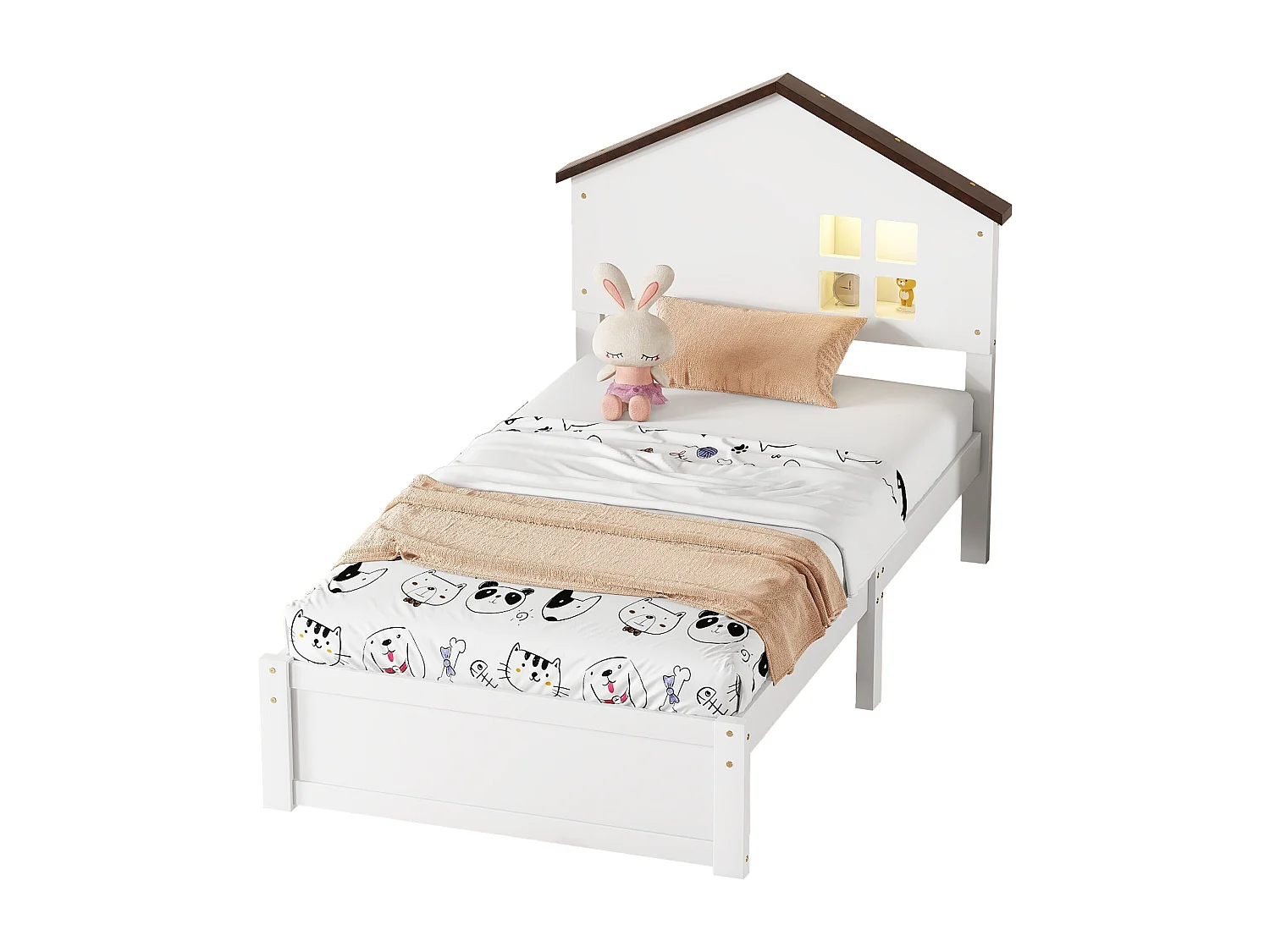Lit plat blanc 90 * 200cm pour les enfants, bois massif, petite décoration de fenêtre, veilleuse LED