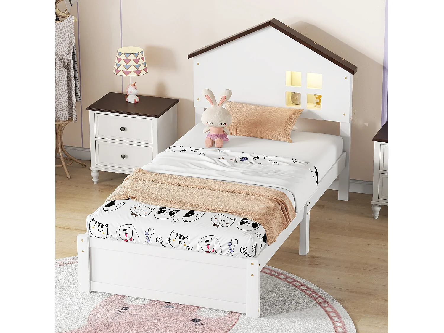 Lit plat blanc 90 * 200cm pour les enfants, bois massif, petite décoration de fenêtre, veilleuse LED