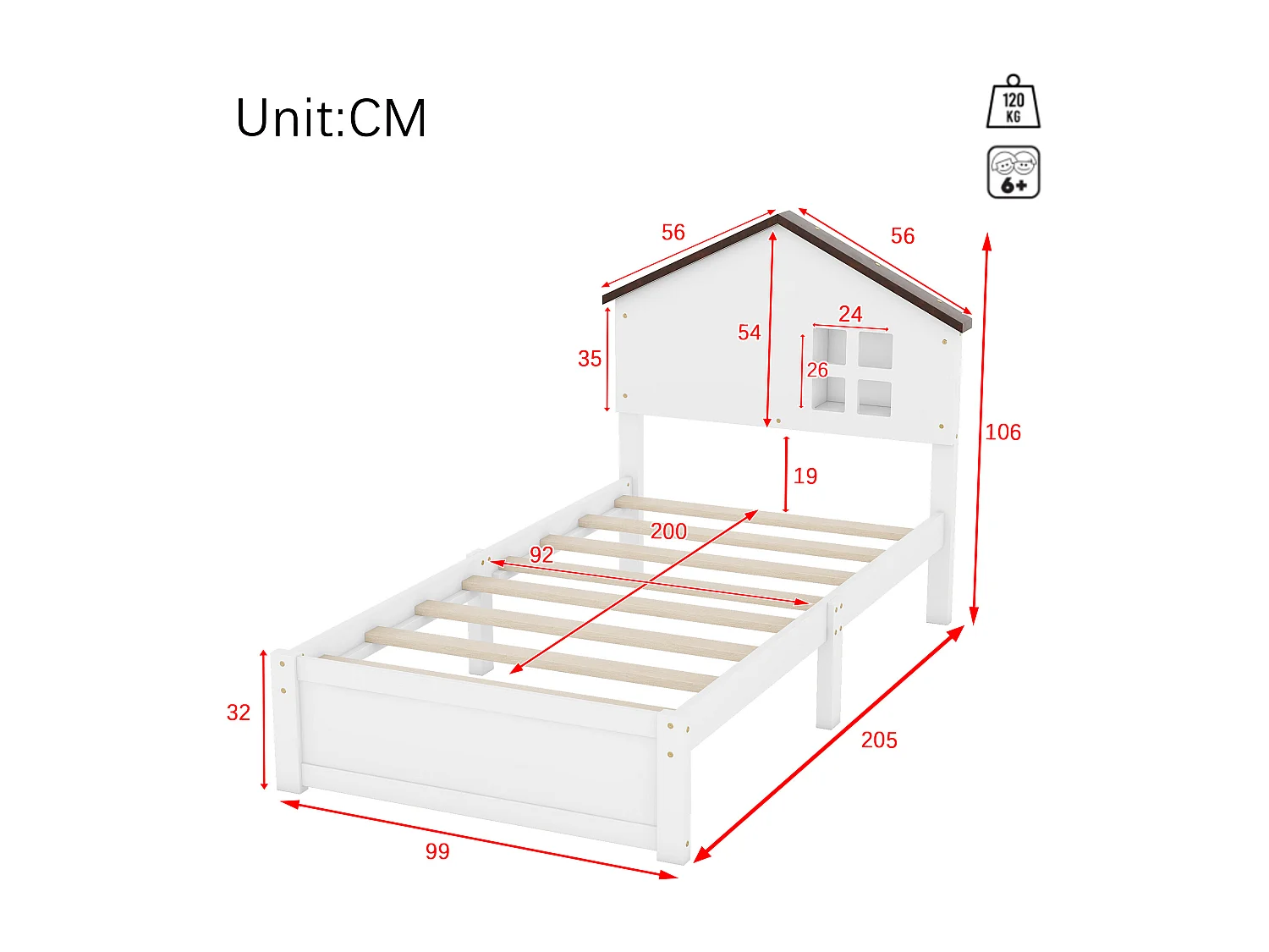 Lit plat blanc 90 * 200cm pour les enfants, bois massif, petite décoration de fenêtre, veilleuse LED