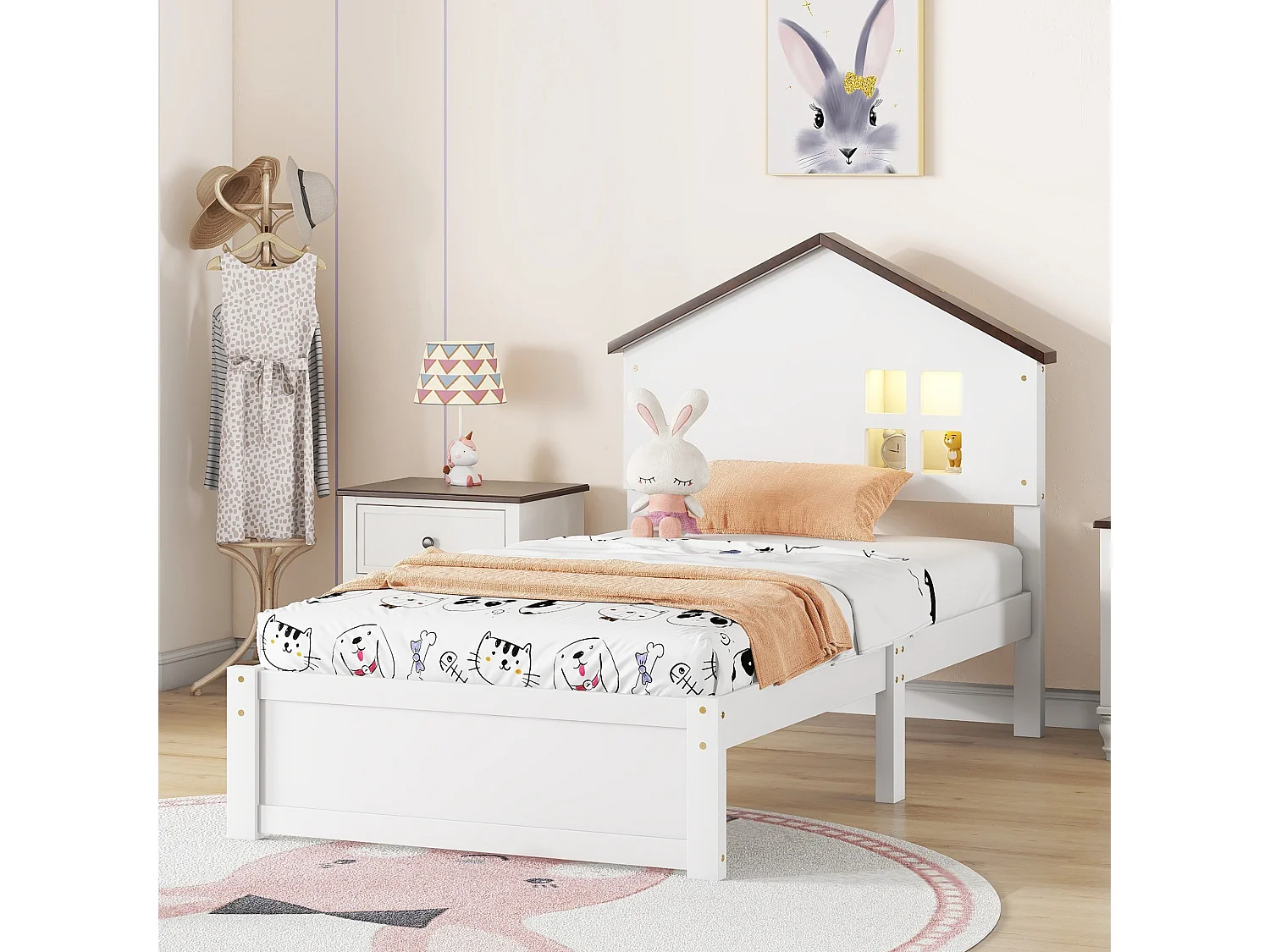 Lit plat blanc 90 * 200cm pour les enfants, bois massif, petite décoration de fenêtre, veilleuse LED