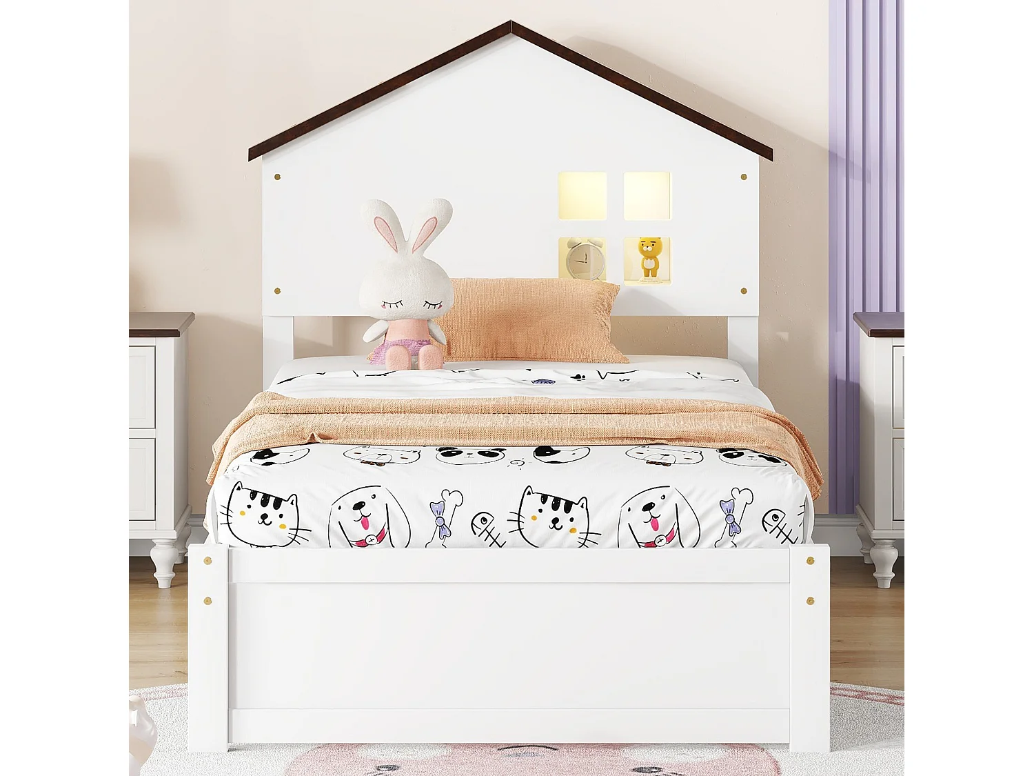Lit plat blanc 90 * 200cm pour les enfants, bois massif, petite décoration de fenêtre, veilleuse LED