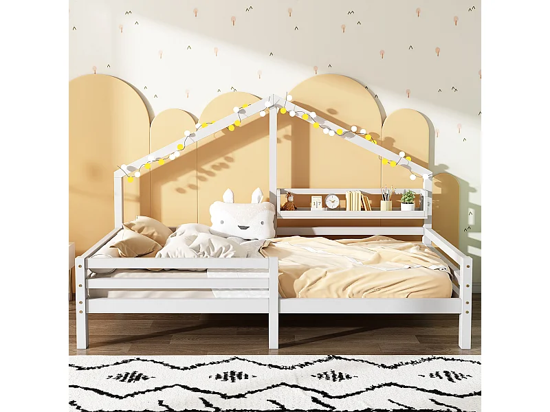 Lit Maison Simple 90 X 200 cm Avec Étagère De Rangement - Forme Cheminée - Bois De Pin - Blanc