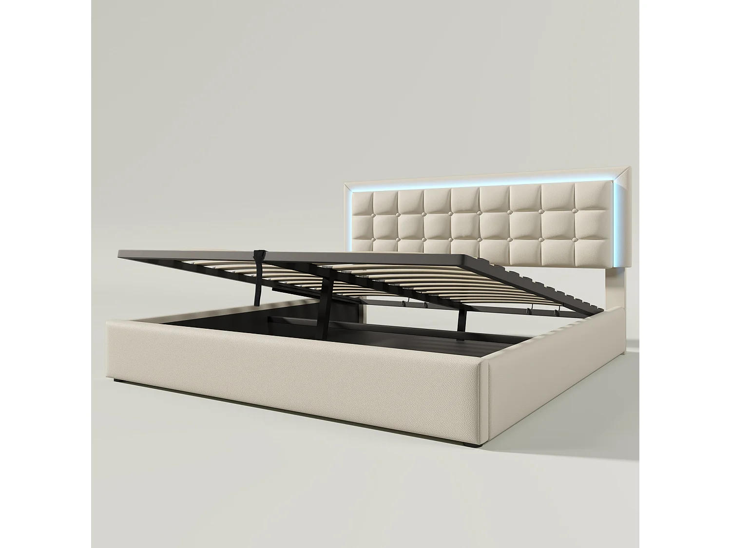 Cama acolchoada para adulto 180 x 1252 cm, sem cabeceira, com faixa LED (monocromática), base com suspensão hidráulica, bege.