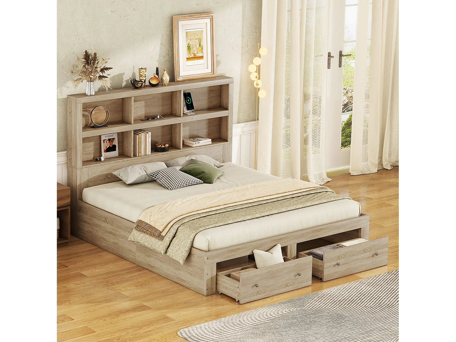 Lit Double 160*200 cm - Bois Massif - Cadre De Lit Avec 2 Tiroirs - Tête De Lit Fonctionnelle Avec Rangements - Naturel