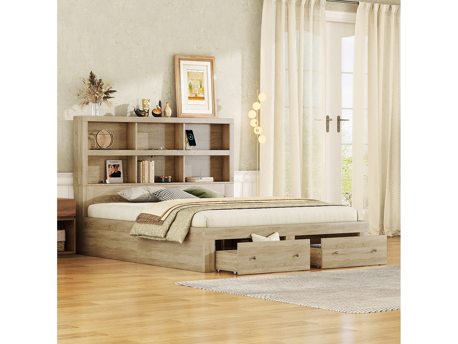 Lit Double 160*200 cm - Bois Massif - Cadre De Lit Avec 2 Tiroirs - Tête De Lit Fonctionnelle Avec Rangements - Naturel