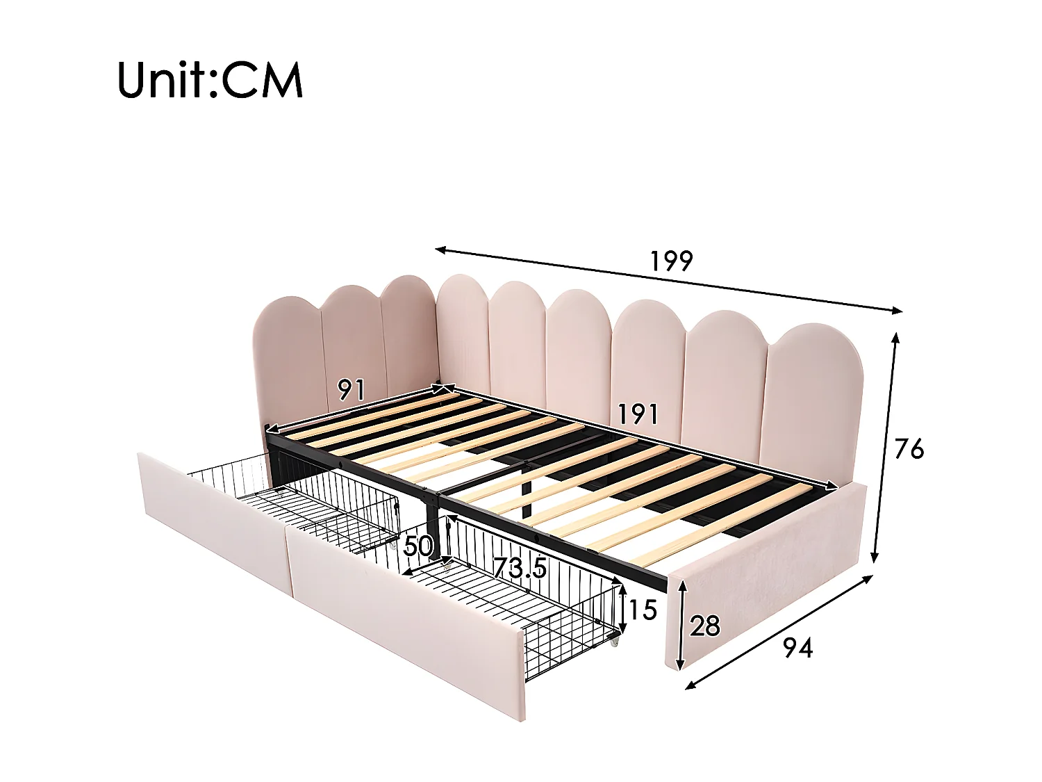 Cama acolchoada para adulto 180 x 1328 cm, sem cabeceira, com faixa LED (monocromática), base com suspensão hidráulica, bege.